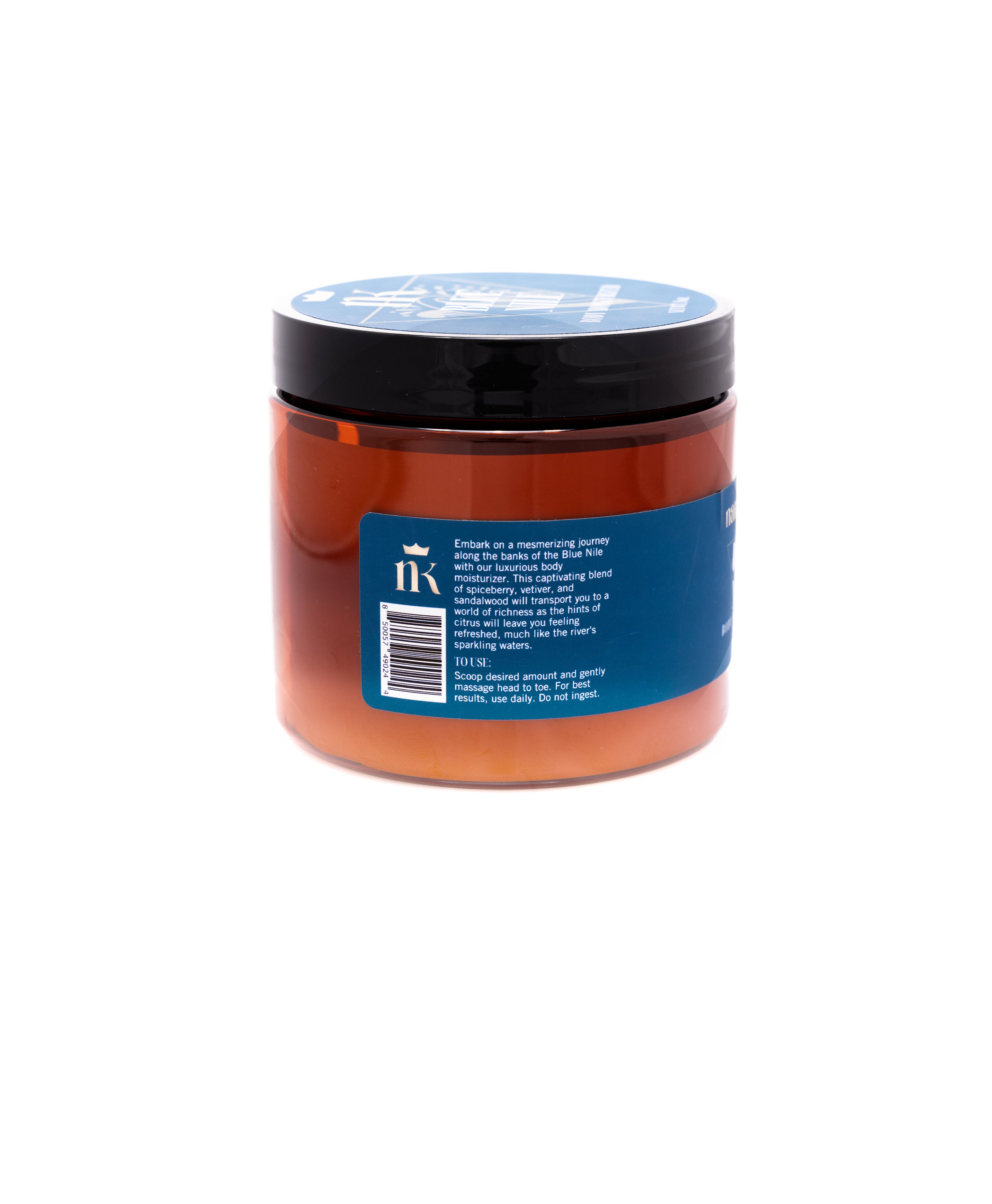 Product shot of moisturizer which includes the description and directed use. The Directed Use is: Scoop desired amount and massage head to toe. For best results, use daily. Do not ingest.