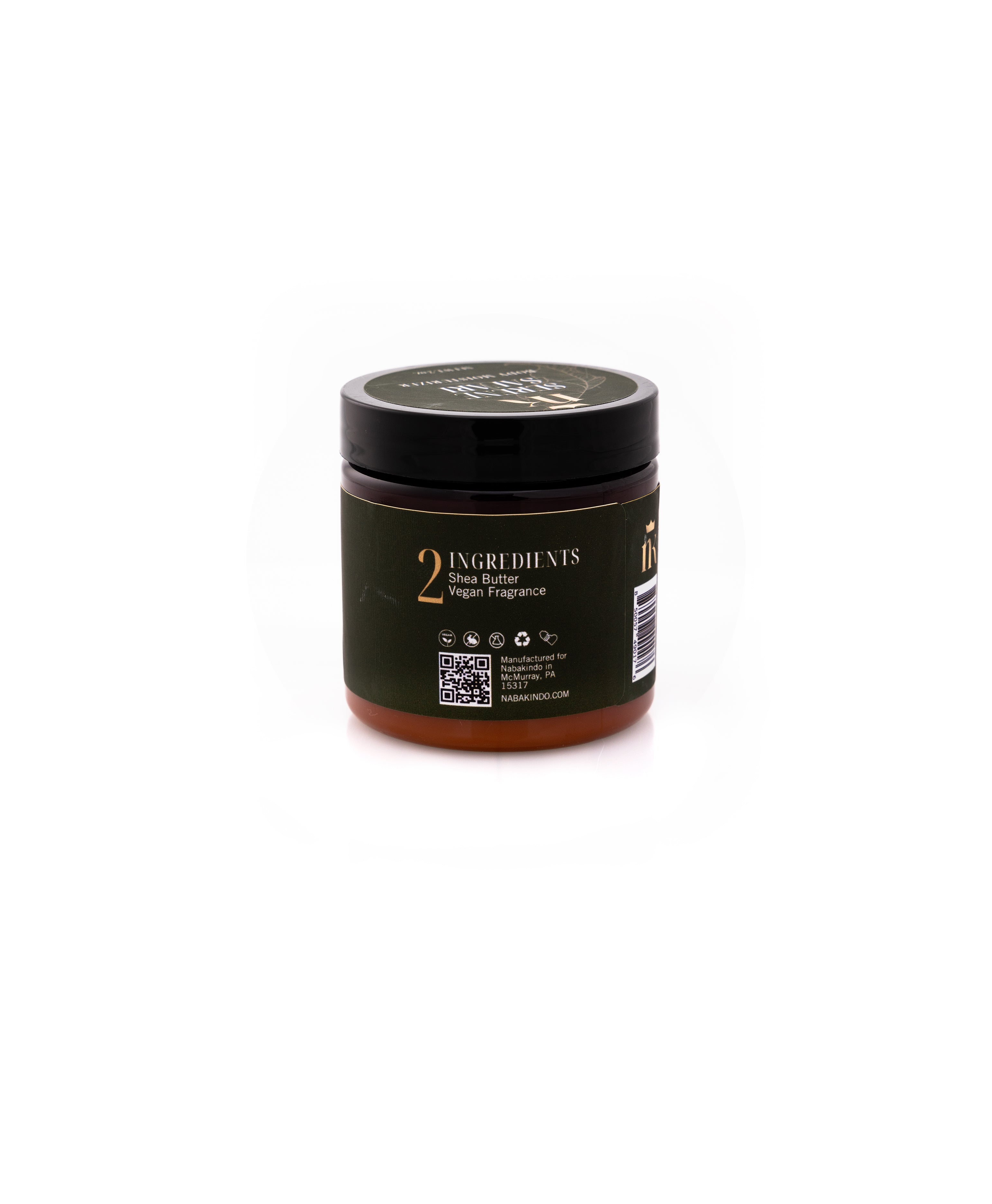 Product shot of moisturizer which includes ingredients listed on the packaging. Ingredients include: shea butter and vegan fragrance.