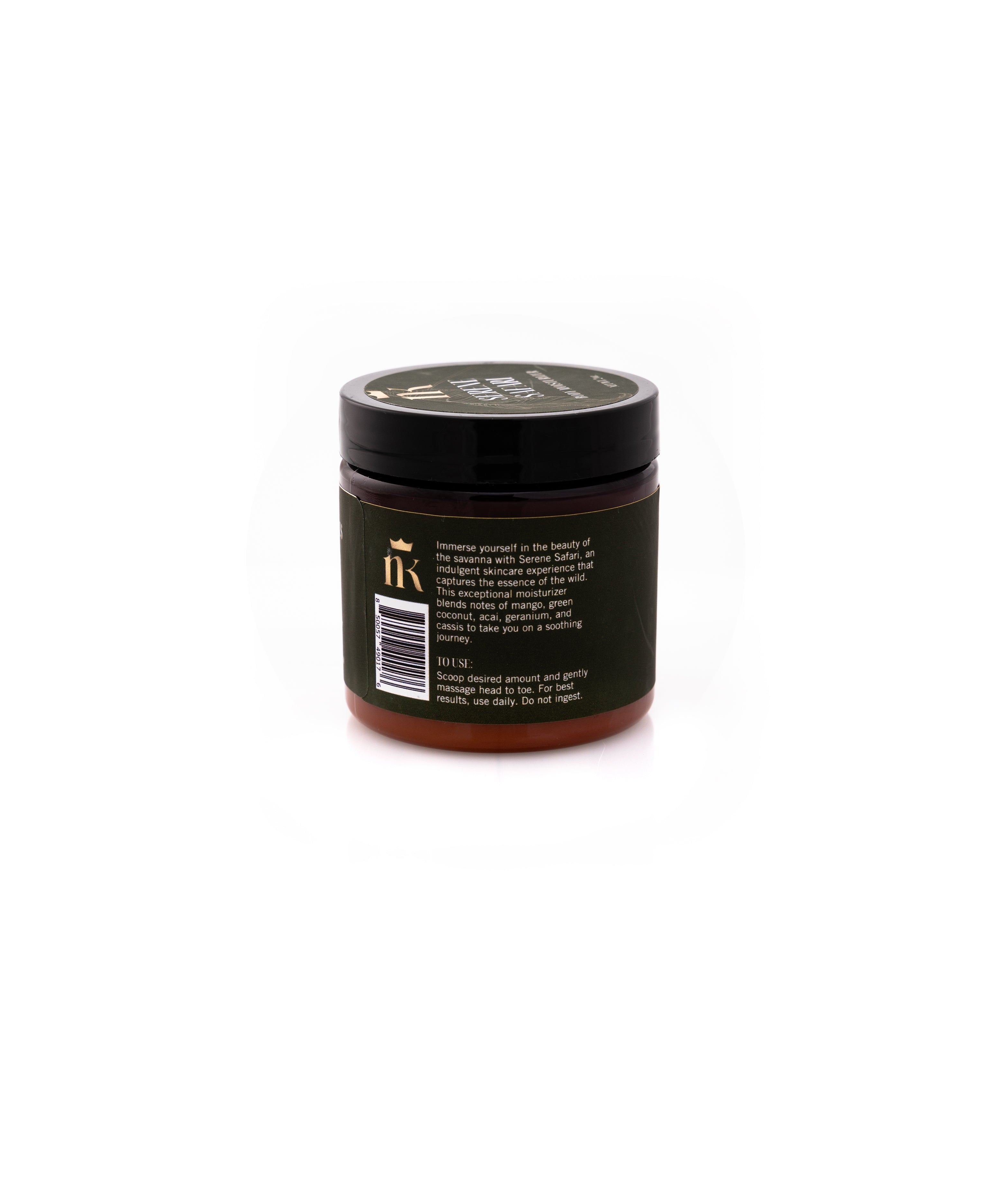 Product shot of moisturizer which includes the description and directed use. The Directed Use is: Scoop desired amount and massage head to toe. For best results, use daily. Do not ingest.