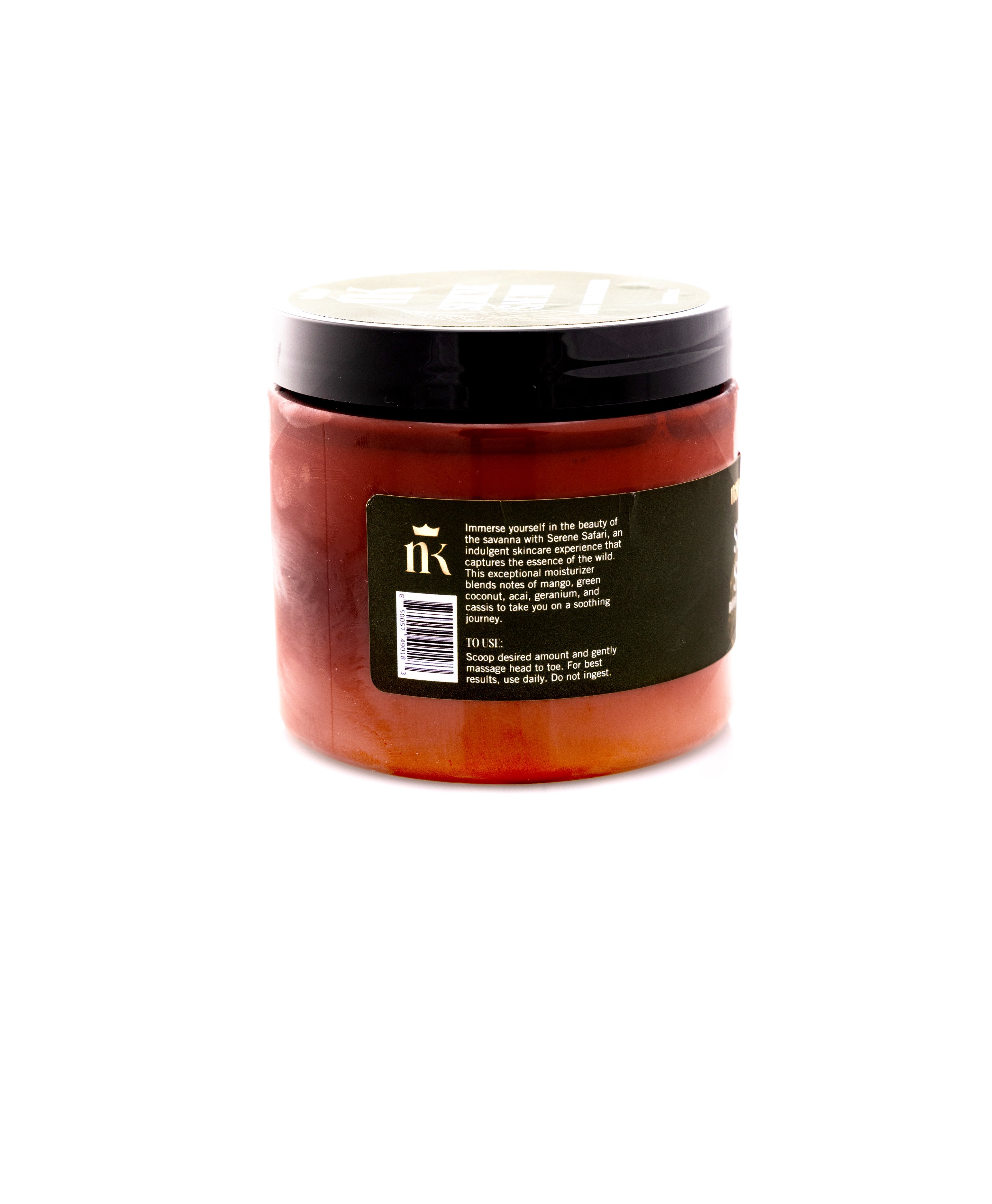 Product shot of moisturizer which includes the description and directed use. The Directed Use is: Scoop desired amount and massage head to toe. For best results, use daily. Do not ingest.